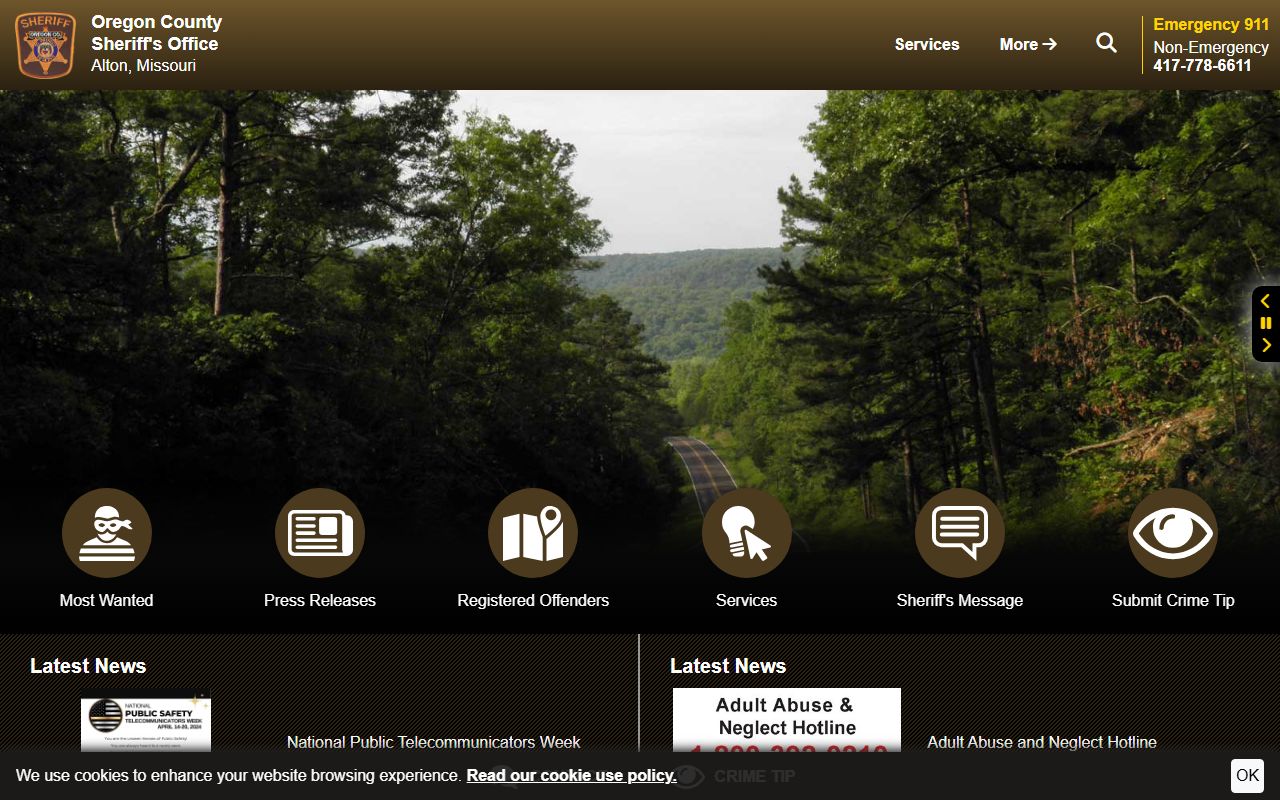 Oregon County Sheriff Office website for 72 hour booking records