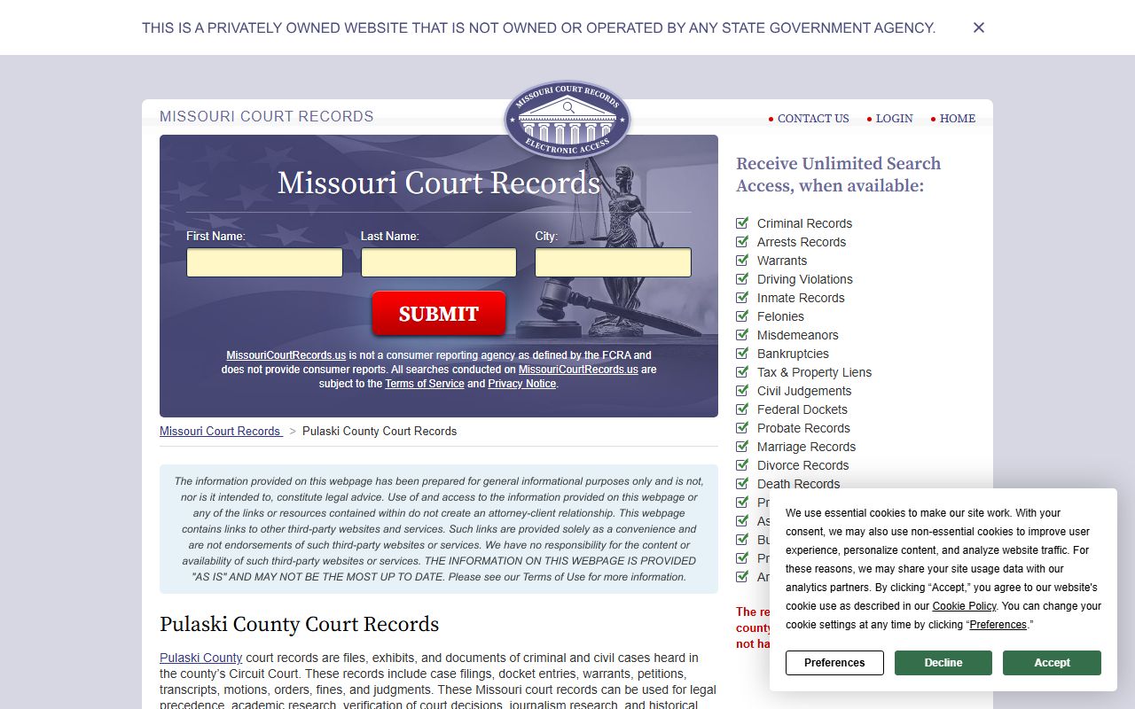 Pulaski County Missouri criminal records guide for 72 hour booking