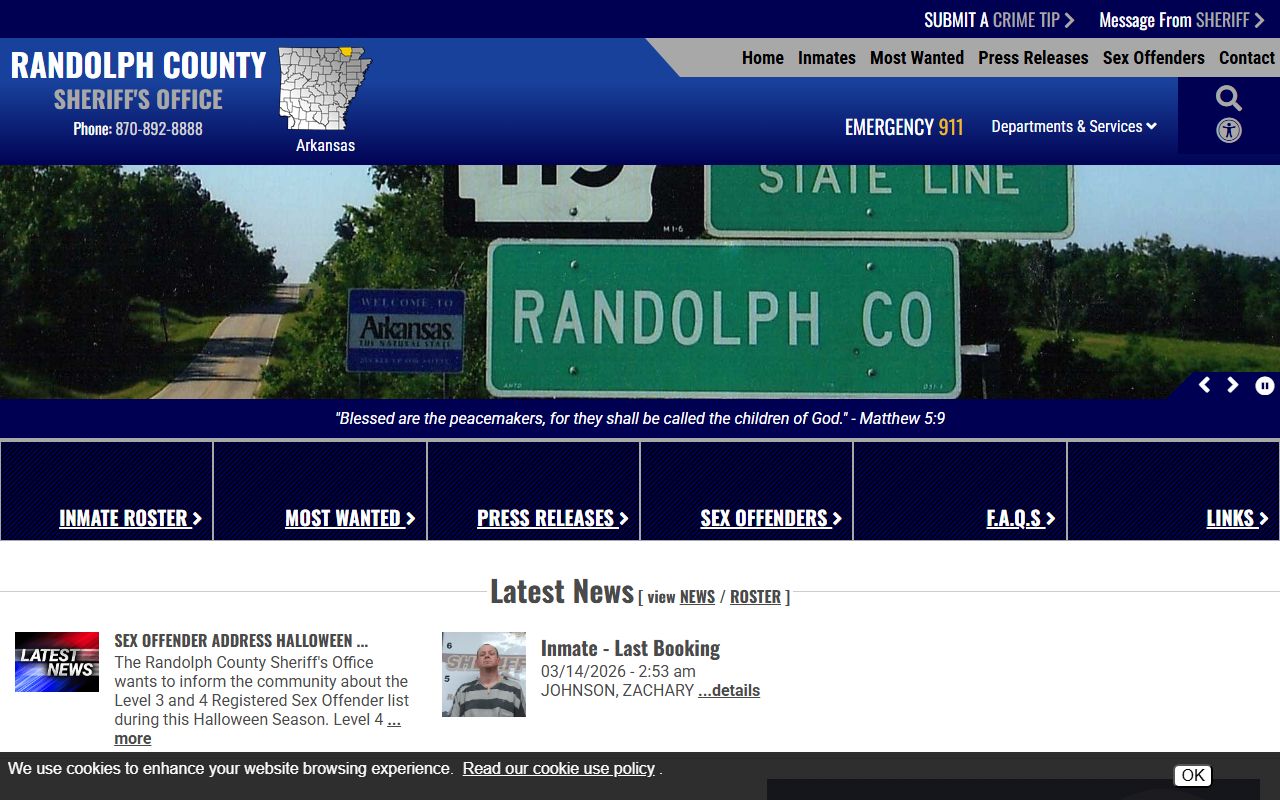 Randolph County Sheriff Office website for 72 hour booking records
