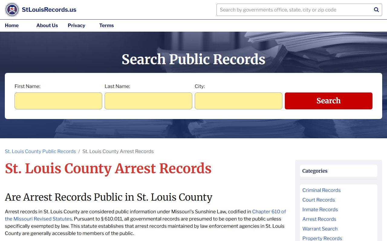 St. Louis County Missouri 72 hour booking arrest records search