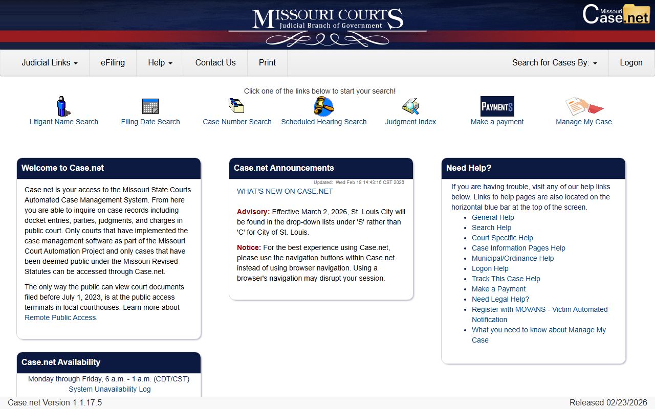 Missouri Case.net court records system for 72 hour booking searches