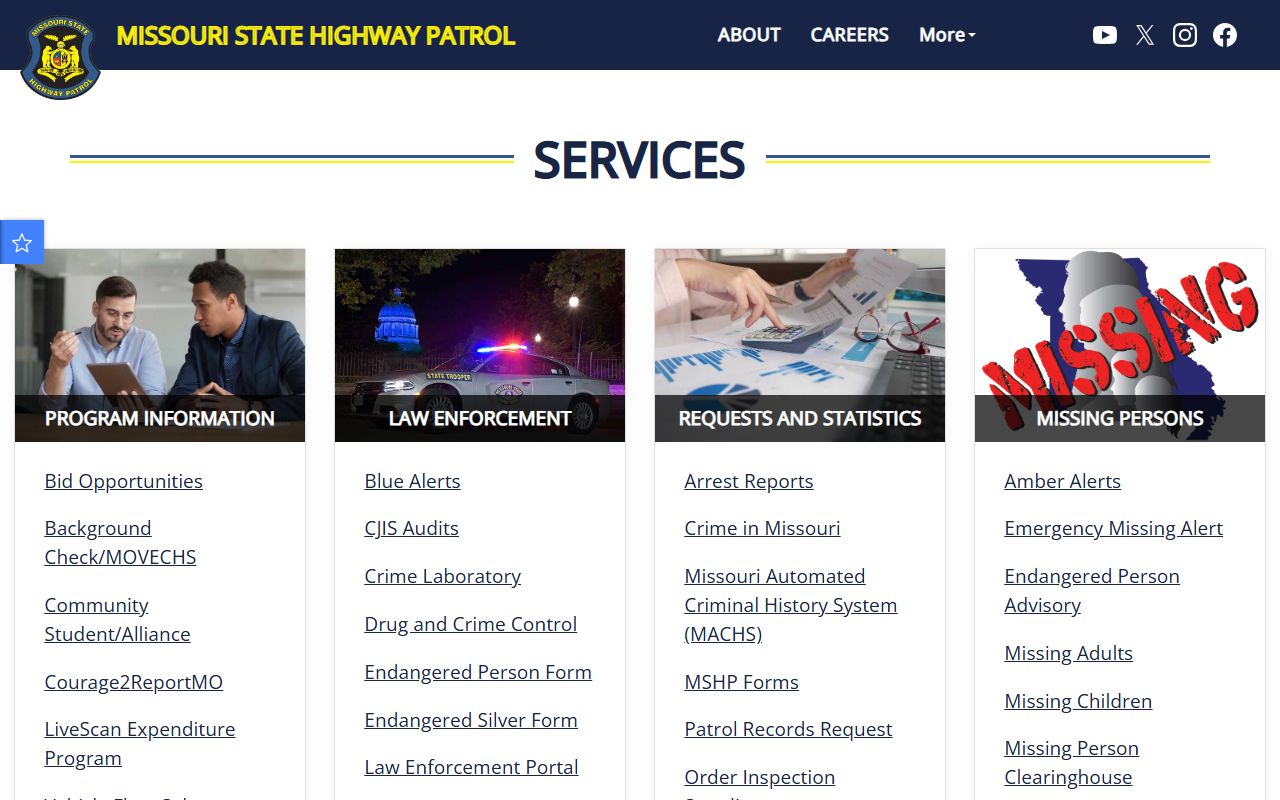 Missouri State Highway Patrol services page for 72 hour booking record requests