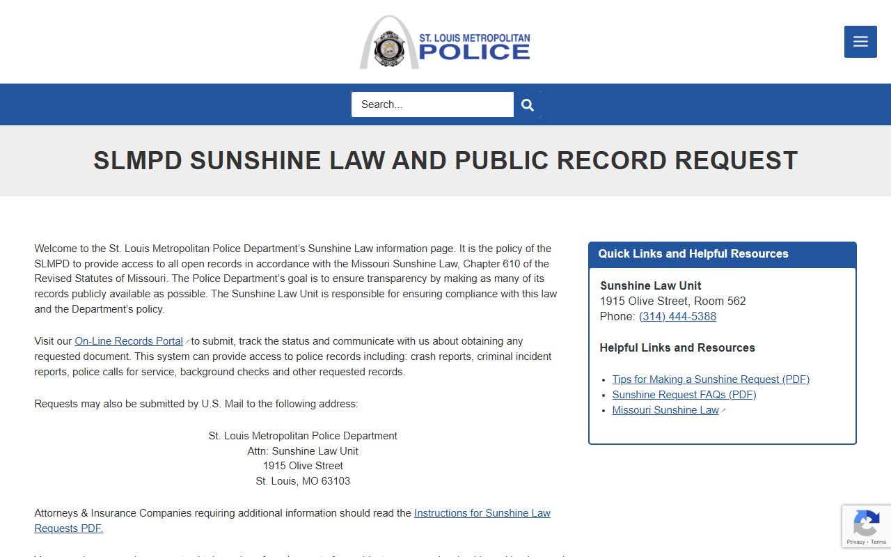 St. Louis Metropolitan Police Sunshine Law portal for 72 hour booking records
